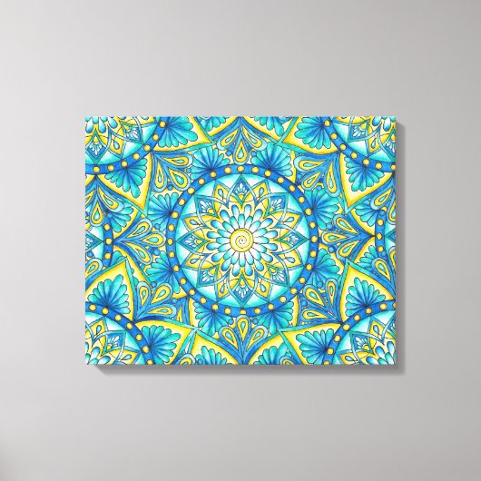 Blauw turquoise geel mandala patroon canvas afdruk (Voorkant)