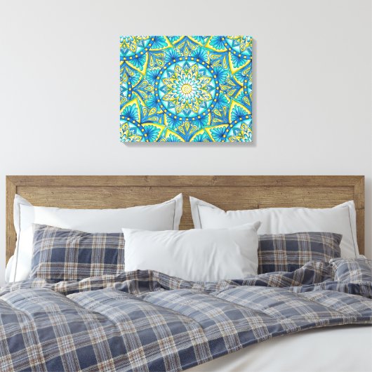 Blauw turquoise geel mandala patroon canvas afdruk (Insitu (Slaapkamer))
