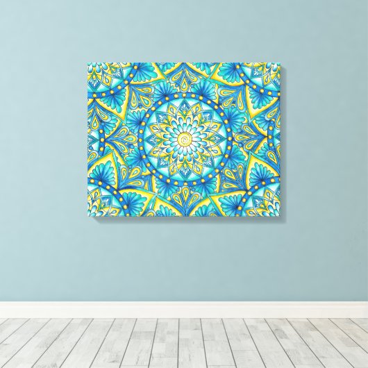 Blauw turquoise geel mandala patroon canvas afdruk (Insitu (Houten vloer))