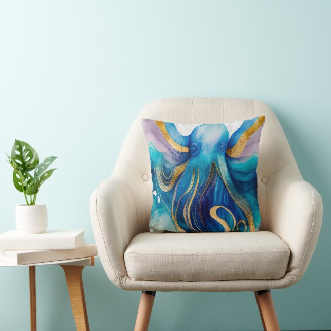 Blauw Turquoise Goud Octopus Worp Kussen (Stoel)