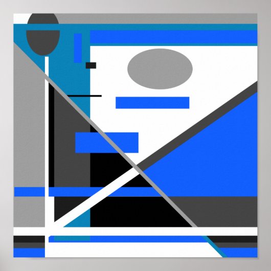 Blauw Turquoise Grey Black White Geometric MXM loo Poster (Voorkant)