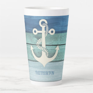 Blauw Turquoise Houten Anker Latte Mok
