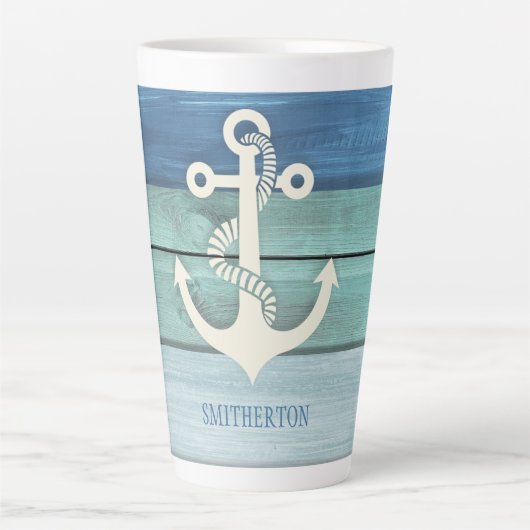 Blauw Turquoise Houten Anker Latte Mok (Voorkant)