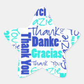 Blauw / Turquoise Multilingual Dank u Word Cloud Ster Sticker (Voorkant)