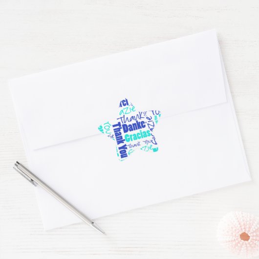 Blauw / Turquoise Multilingual Dank u Word Cloud Ster Sticker (Envelop)