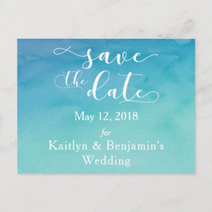 Blauw & Turquoise Ombre Watercolor Save the Date 3 Aankondigingskaart