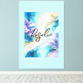 Blauw Turquoise Paars Goud Abstract Bloem Marmer Canvas Afdruk
