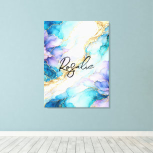 Blauw Turquoise Paars Goud Abstract Bloem Marmer Canvas Afdruk