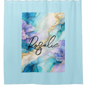 Blauw Turquoise Paars Goud Abstract Bloem Marmer Douchegordijn