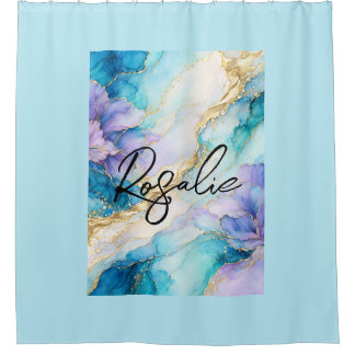 Blauw Turquoise Paars Goud Abstract Bloem Marmer Douchegordijn