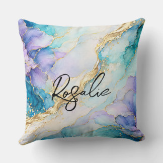Blauw Turquoise Paars Goud Abstract Bloem Marmer Kussen