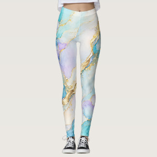 Blauw Turquoise Paars Goud Abstract Bloem Marmer Leggings