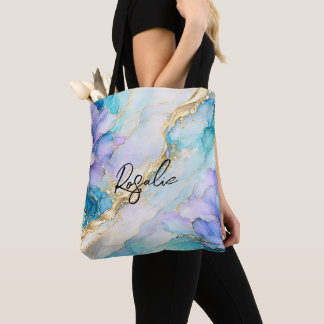 Blauw Turquoise Paars Goud Abstract Bloem Marmer Tote Bag
