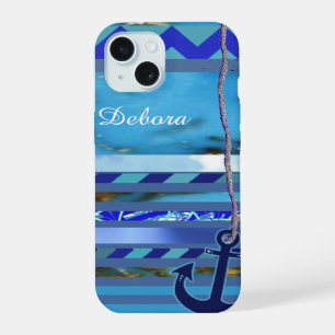 blauw turquoise strepen, Anker en naam iPhone 15 Hoesje