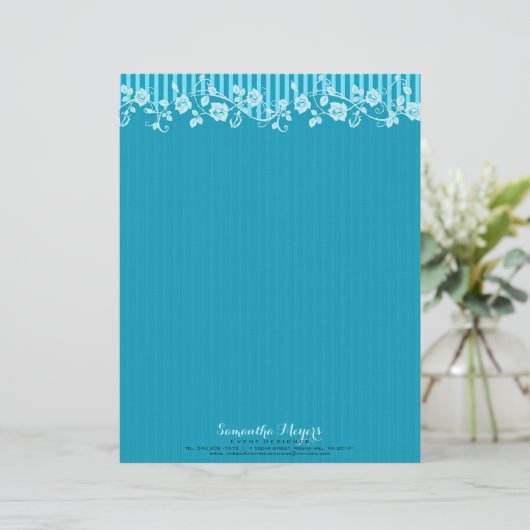 Blauw & Turquoise Strepen & Bloemen Kant 2 Briefhoofd Ontwerp (Staand voorkant)