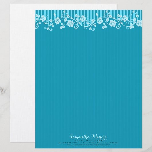 Blauw & Turquoise Strepen & Bloemen Kant 2 Briefhoofd Ontwerp (Voorkant / Achterkant)