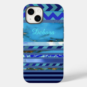 Blauw Turquoise Stripes Patroon Aangepaste naam Case-Mate iPhone 14 Hoesje