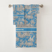 blauw turquoise toile de jouy bedrukt bad handdoek (Insitu)