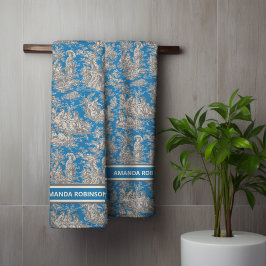  blauw turquoise toile de jouy bedrukt bad handdoek