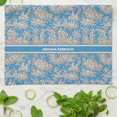  blauw turquoise toile de jouy bedrukt theedoek (Gevouwen)