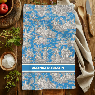 blauw turquoise toile de jouy bedrukt theedoek