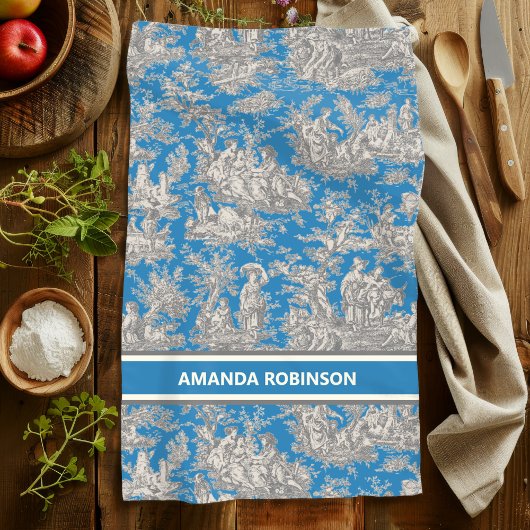  blauw turquoise toile de jouy bedrukt theedoek
