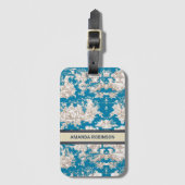  blauw turquoise toile de jouy monogram bagagelabel (Voorkant (verticaal))