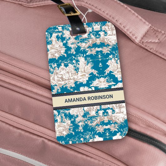  blauw turquoise toile de jouy monogram bagagelabel