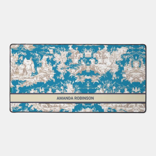  blauw turquoise toile de jouy monogram bureaumat (Voorkant)