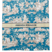  blauw turquoise toile de jouy monogram douchegordijn (Voorkant)