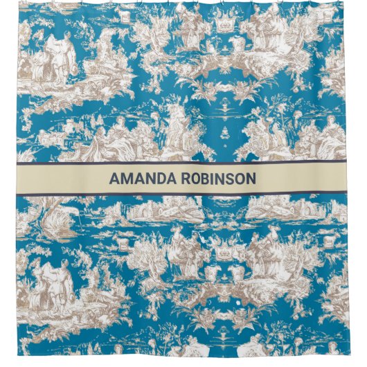 blauw turquoise toile de jouy monogram douchegordijn (Voorkant)