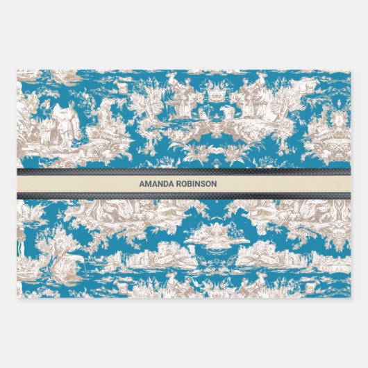  blauw turquoise toile de jouy monogram inpakpapier vel (Voorkant 2)