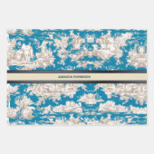 blauw turquoise toile de jouy monogram inpakpapier vel (Voorkant)