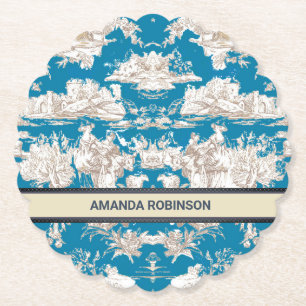 blauw turquoise toile de jouy monogram kartonnen onderzetters