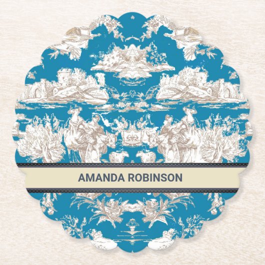 blauw turquoise toile de jouy monogram kartonnen onderzetters (Voorkant)