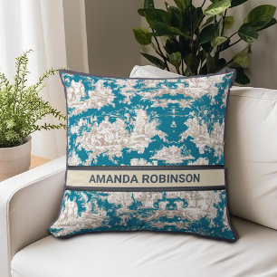 blauw turquoise toile de jouy monogram kussen