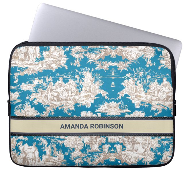  blauw turquoise toile de jouy monogram laptop sleeve (Voorkant)