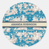 blauw turquoise toile de jouy monogram ronde sticker (Voorkant)