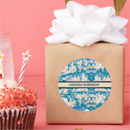  blauw turquoise toile de jouy monogram ronde sticker