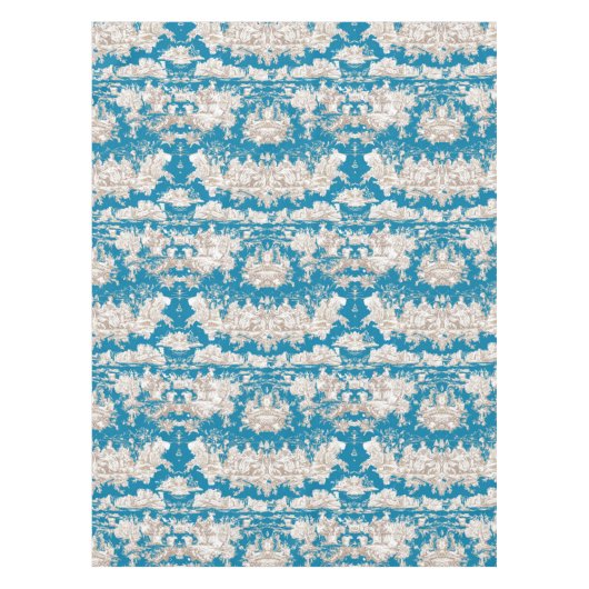  blauw turquoise toile de jouy monogram tafelkleed (Voorkant)