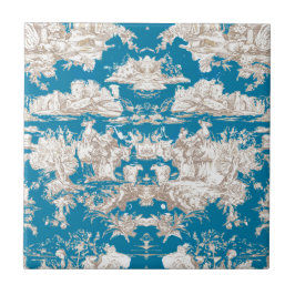 blauw turquoise toile de jouy monogram tegeltje