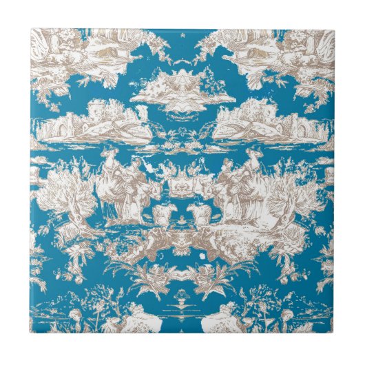  blauw turquoise toile de jouy monogram tegeltje (Voorkant)