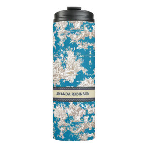 blauw turquoise toile de jouy monogram thermosbeker
