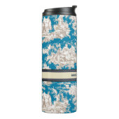  blauw turquoise toile de jouy monogram thermosbeker (Gedraaid links)