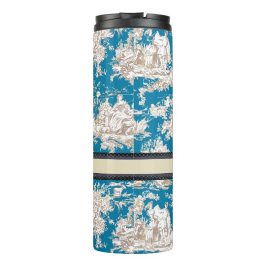  blauw turquoise toile de jouy monogram thermosbeker (Achterkant)