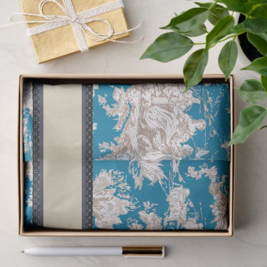  blauw turquoise toile de jouy monogram tissuepapier (Geschenk)