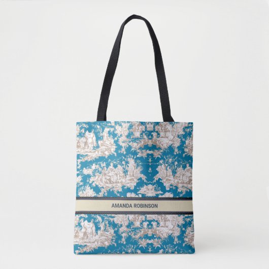  blauw turquoise toile de jouy monogram tote bag (Voorkant)