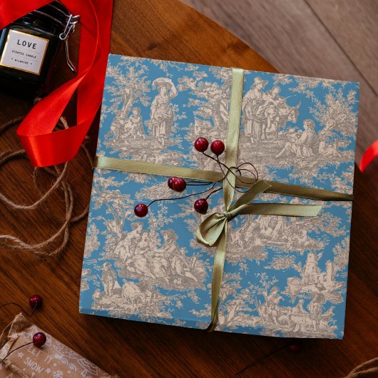 Blauw Turquoise Toile Frans Scene Cadeaupapier