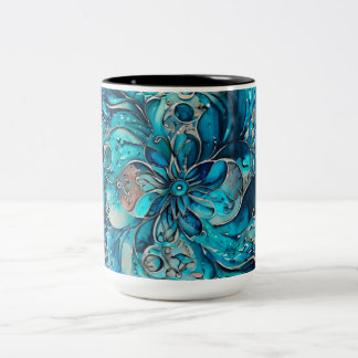 Blauw & Turquoise Waterverf Bloemige Mandala Tweekleurige Koffiemok