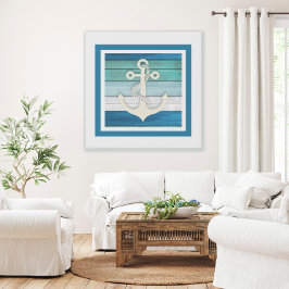 Blauw Turquoise White Anchor Beach Nautical Canvas Afdruk